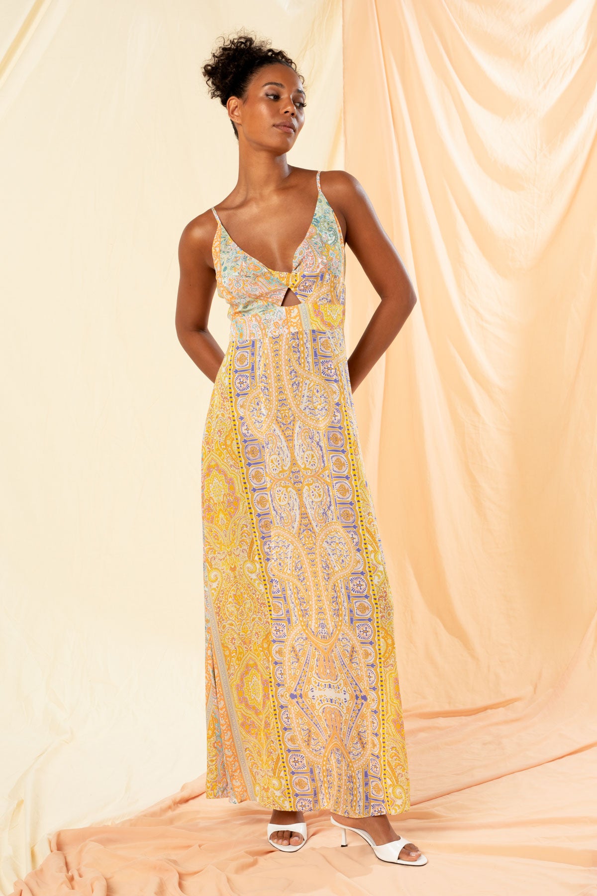 Women's Cut Out Maxi Slip Dress in Costa D'Oro