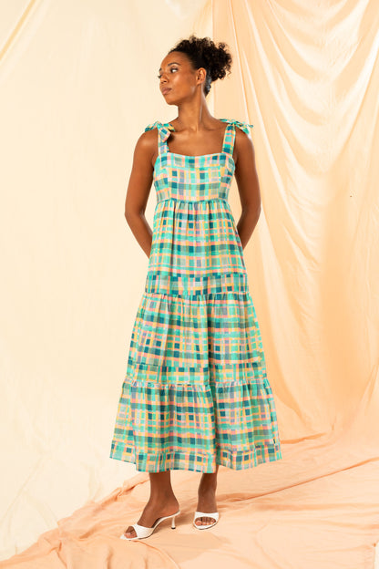 Women's Tie Strap Tiered Maxi Dress in Ocean Check