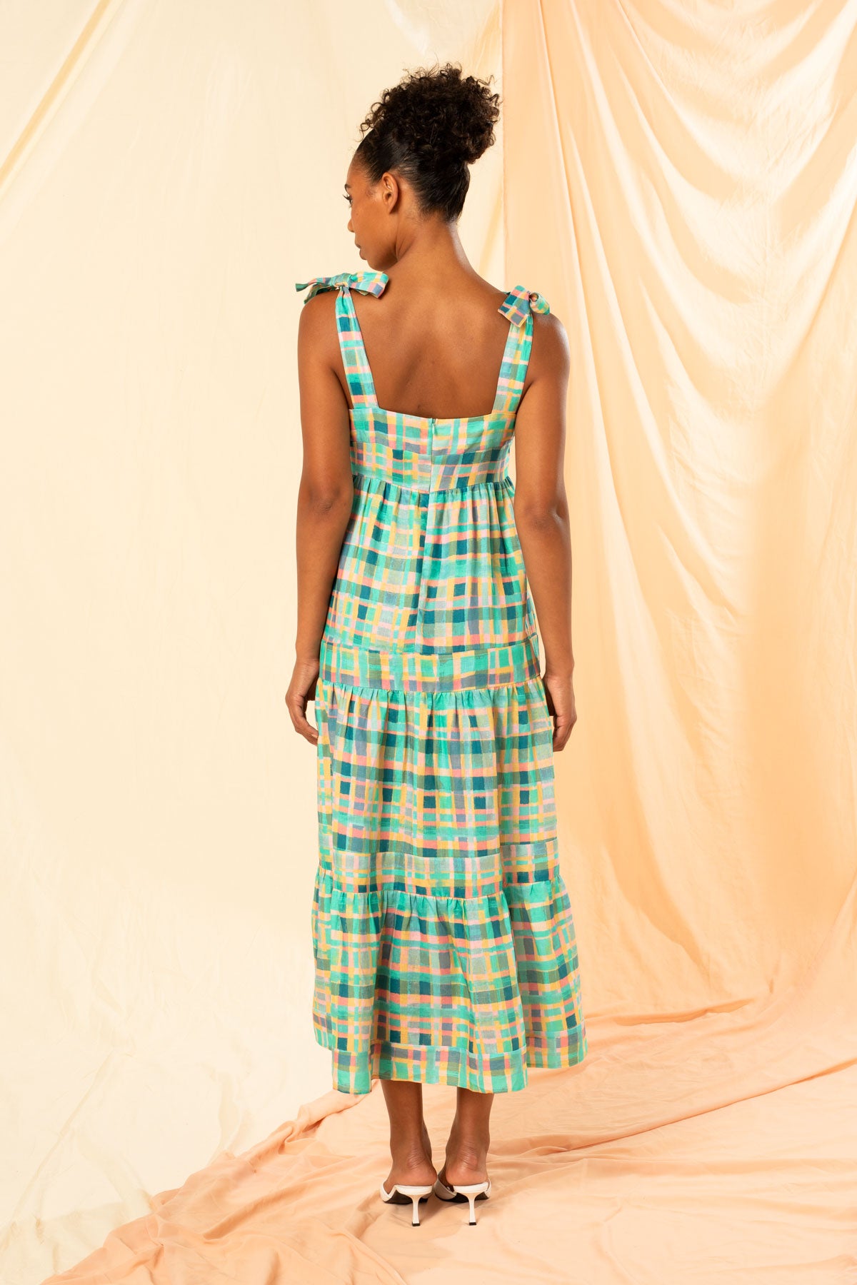 Women's Tie Strap Tiered Maxi Dress in Ocean Check