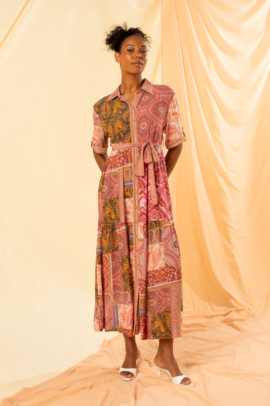 Women's Tiered Maxi Shirt Dress in Multicolour