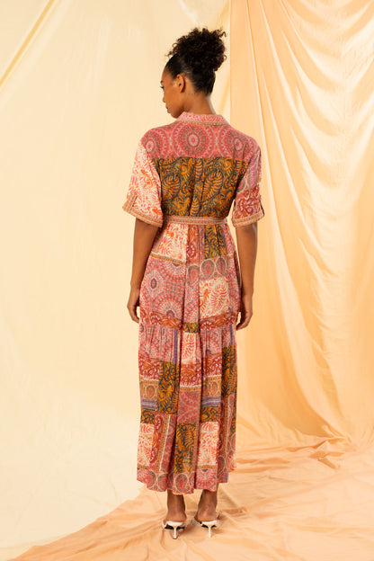 Women's Tiered Maxi Shirt Dress in Multicolour