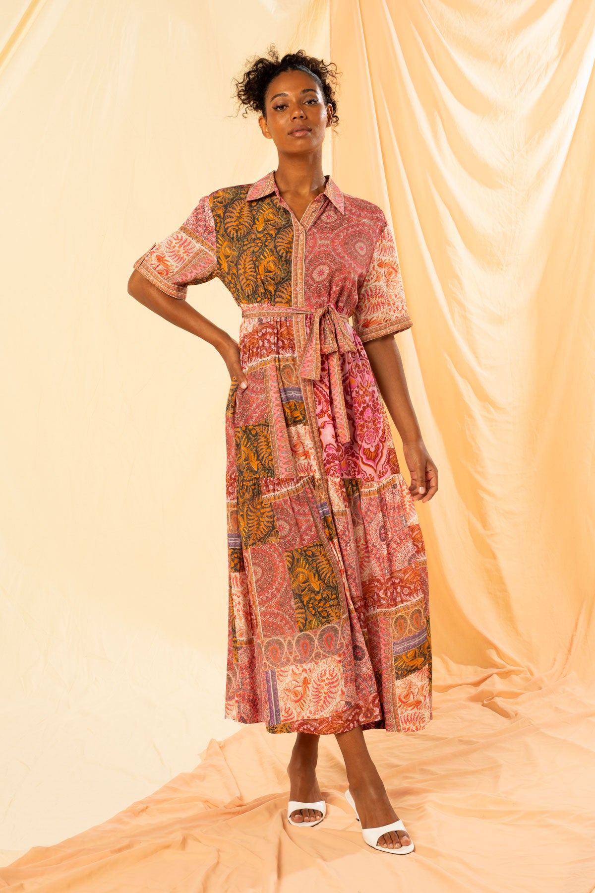 Women s Tiered Maxi Shirt Dress in Multicolour Sophia