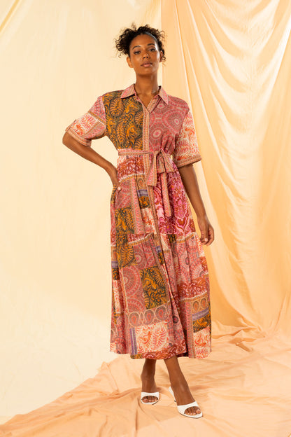 Women's Tiered Maxi Shirt Dress in Multicolour