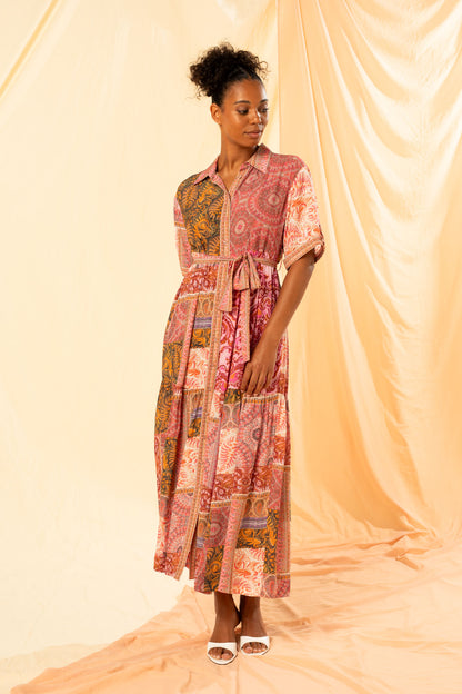 Women's Tiered Maxi Shirt Dress in Multicolour