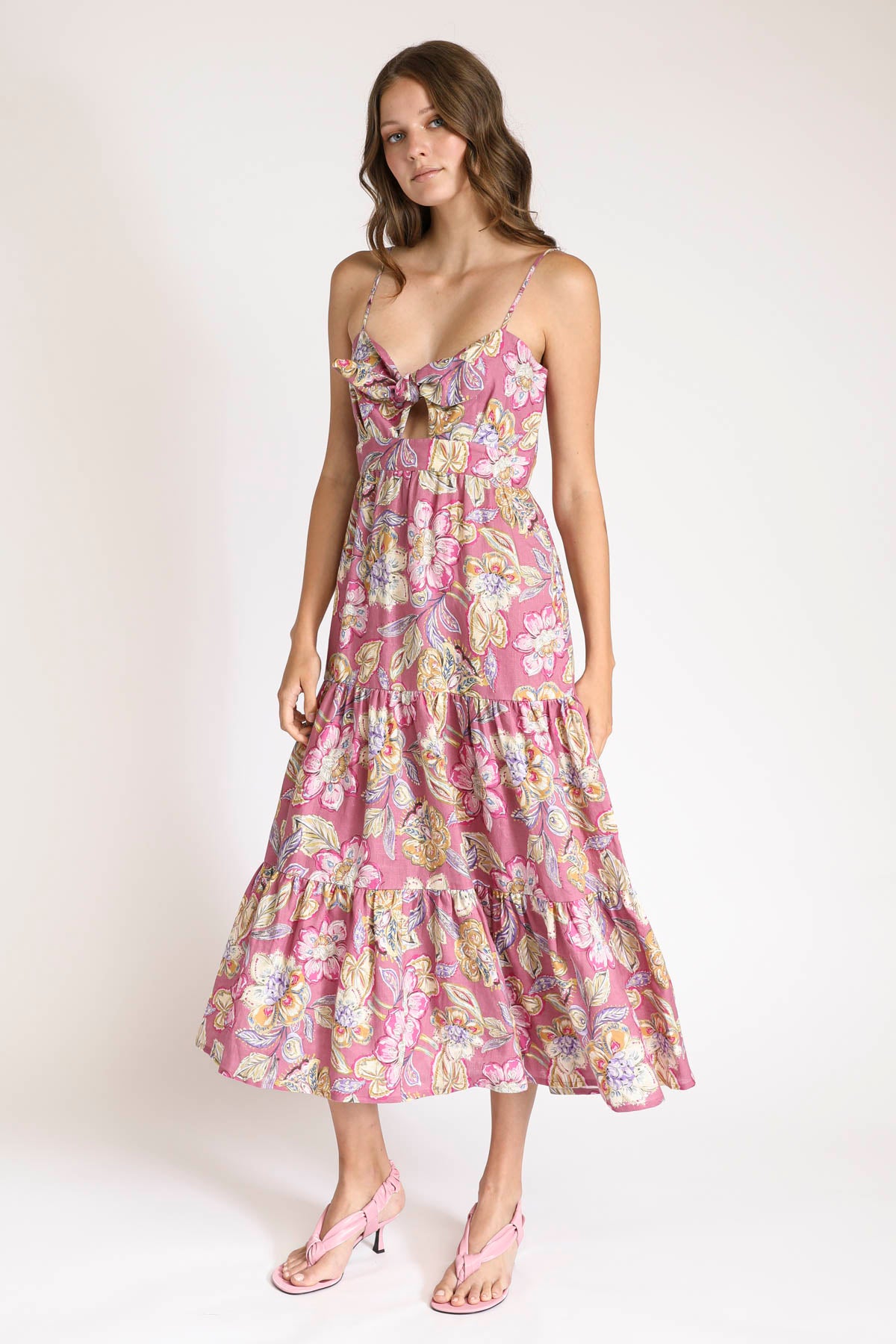 Women Pink Floral Strappy Tiered Maxi Dress