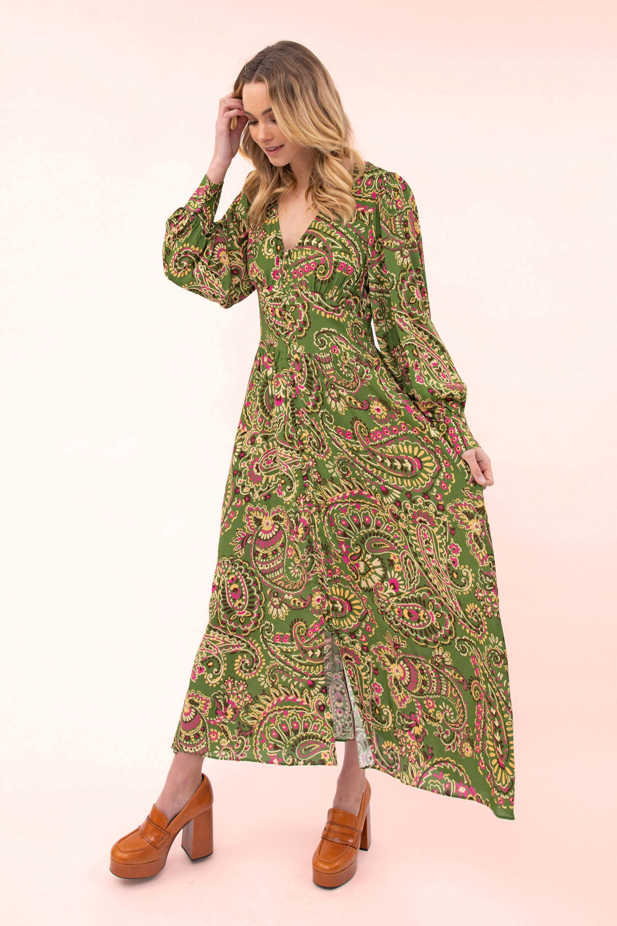 Green floral maxi on sale dress with sleeves